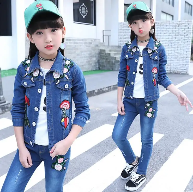 

2018 Spring Fall Fashionable Children Cowboy Suit Girls Turn-Down Collar Buttons Denim Blue Leisure Three-Pieces Girl Set 4-13T