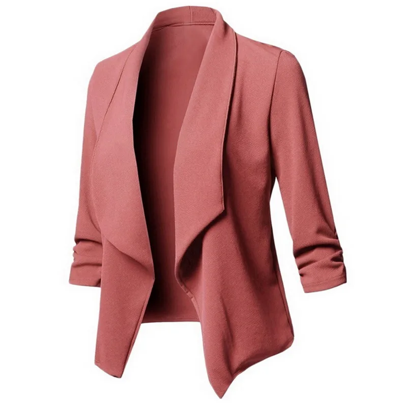 MoneRffi осень 2019 г. Slim Fit для женщин Формальные куртки открытой передней Зубчатый Твердые офисные женские туфли работы дамы Блейзер пальт