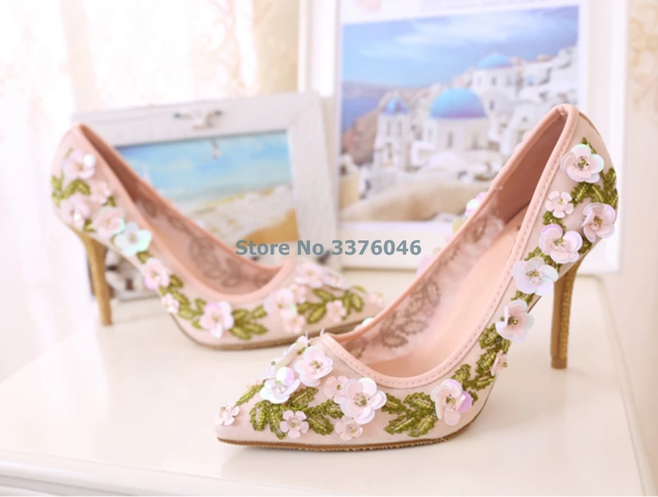 

New Pointed Toe Mesh 3D Flower Thin High Heel Pumps Pink Embroider Sweet Women Shoes Two Slice Buckle Strap Wedding Shoes