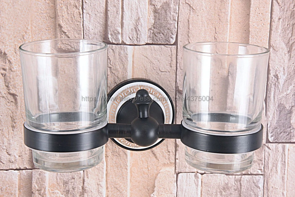 Аксессуар для ванной комнаты настенный черный масло потертый латунный держатель зубной щетки с двумя стеклянными чашками Nba708