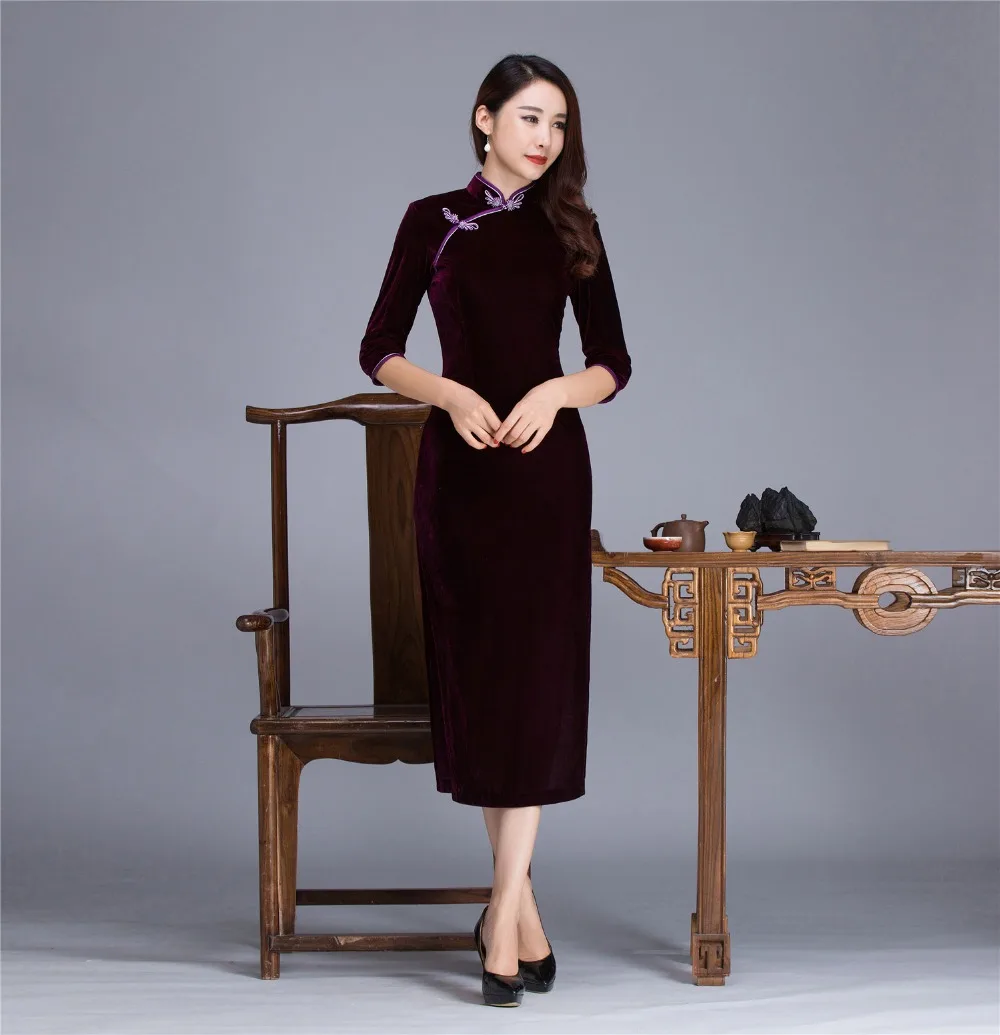 Шанхай история длинные Чонсам бархат qipao Китайский стиль платье китайское традиционное платье Национальный тренд одноцветное восточное платье