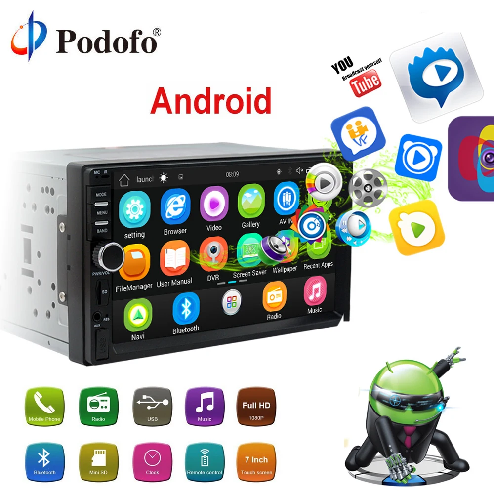 

Podofo Android Car Radio 2Din GPS Navigation Bluetooth 7"HD Touch Screen Autoradio AUX MP3 MP5 Player FM Stereo Rear View Camera