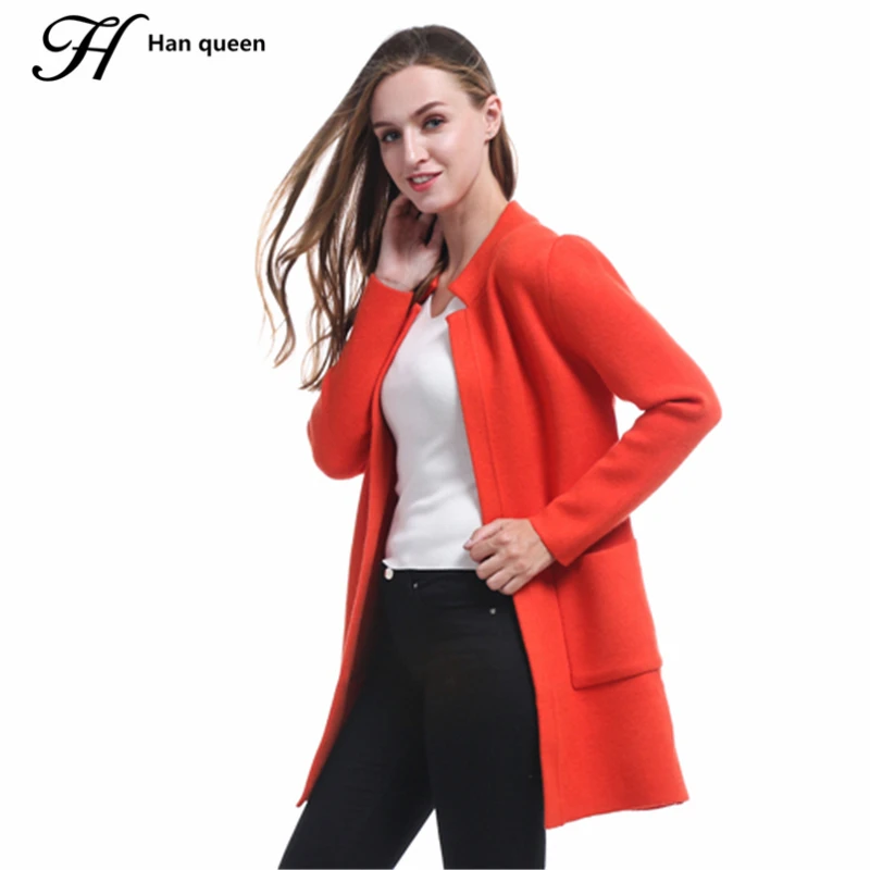 

H Han Queen Trench Female Pocket Knitting Long Trench Coat Casual Autumn Winter Long Sleeve Loose Thicker Cardigan Female Coat