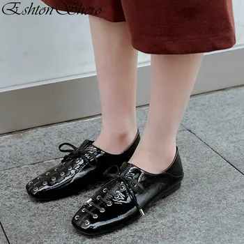 

EshtonShero Spring Women's Flats Shoes Patent Leather Woman Flat Heels Square Toe Classic Lace Up Ladies Casual Shoes Size 3-12