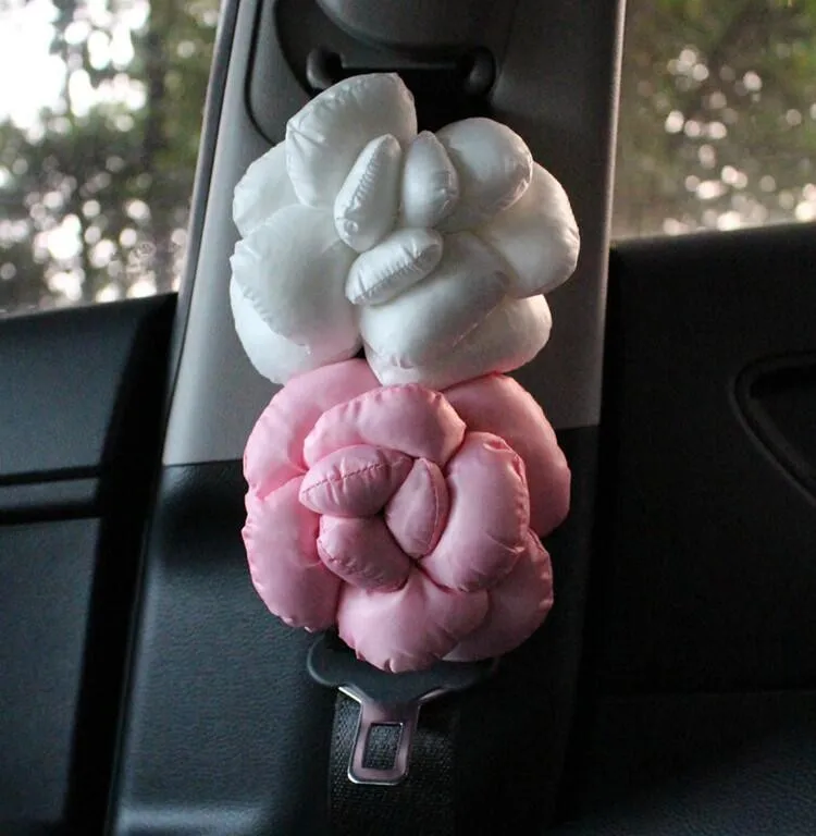 New-2pcs-Camellia-Flower-Car-Safety-Seat-Belt-Covers-Women-Leather-Shoulder-Pads-Pink-White-l1