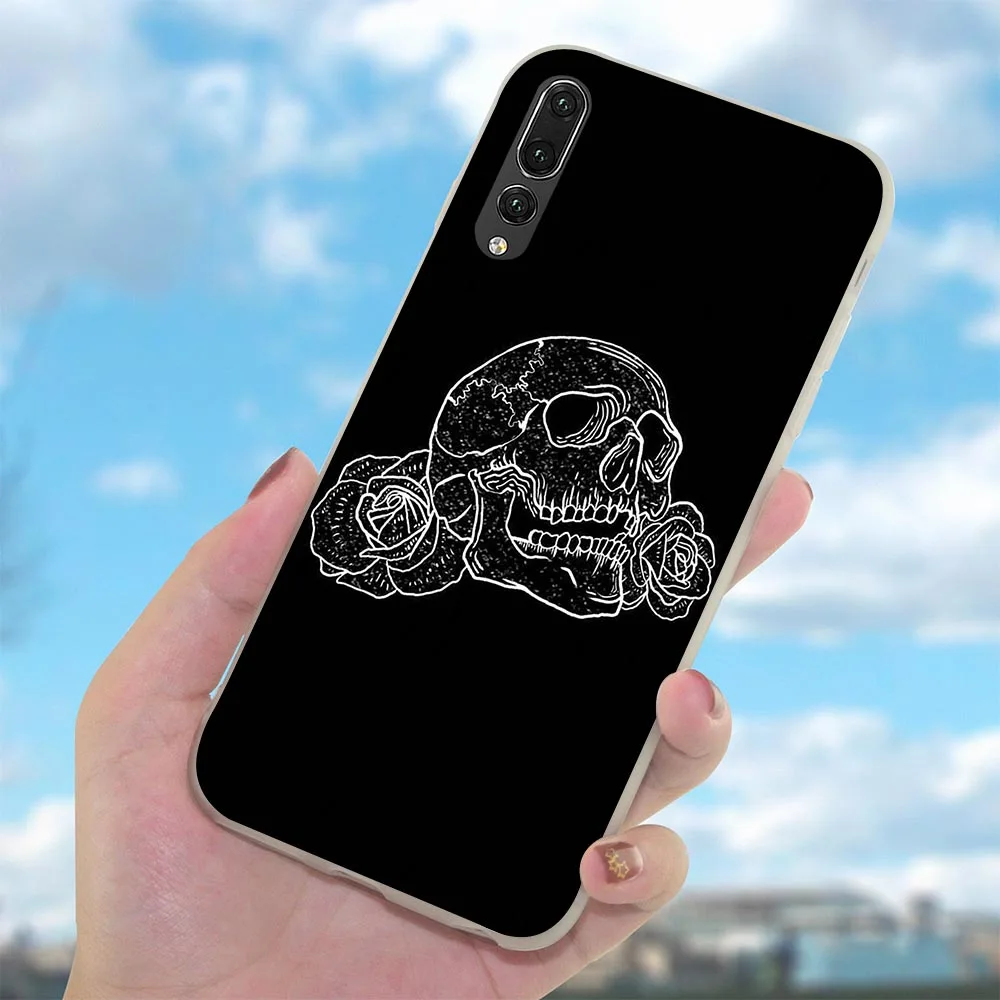 Мягкий чехол из ТПУ с черным черепом и белым цветком для Huawei Y6 чехлы Nova 3 3i 6A 8 8C 7Cin 10