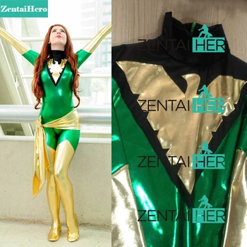 

Free Shipping DHL Dark Phoenix Jean Grey Costume Sexy Green And Black Shiny Superhero Zentai Catsuit Halloween Costume With Belt