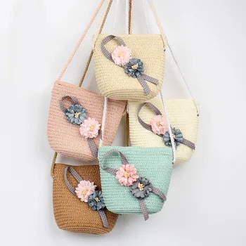 

5 Colors Summer Children Girls Shoulder Bag Beautiful Flower Straw Messenger Bag Kids Keys Coin Purse Cute Princess Mini Handbag