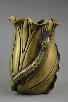 

Exquisite Chinese Old Handwork Brass Lotus Flower Leaf Statue Brush Pot
