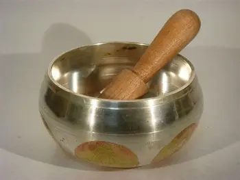 

3.8" Collectibles oriental ASIAN TIBETAN COPPER GOLD-PLATING SINGING BOWL W/STRIKA Antique Garden Decoration Silver Brass