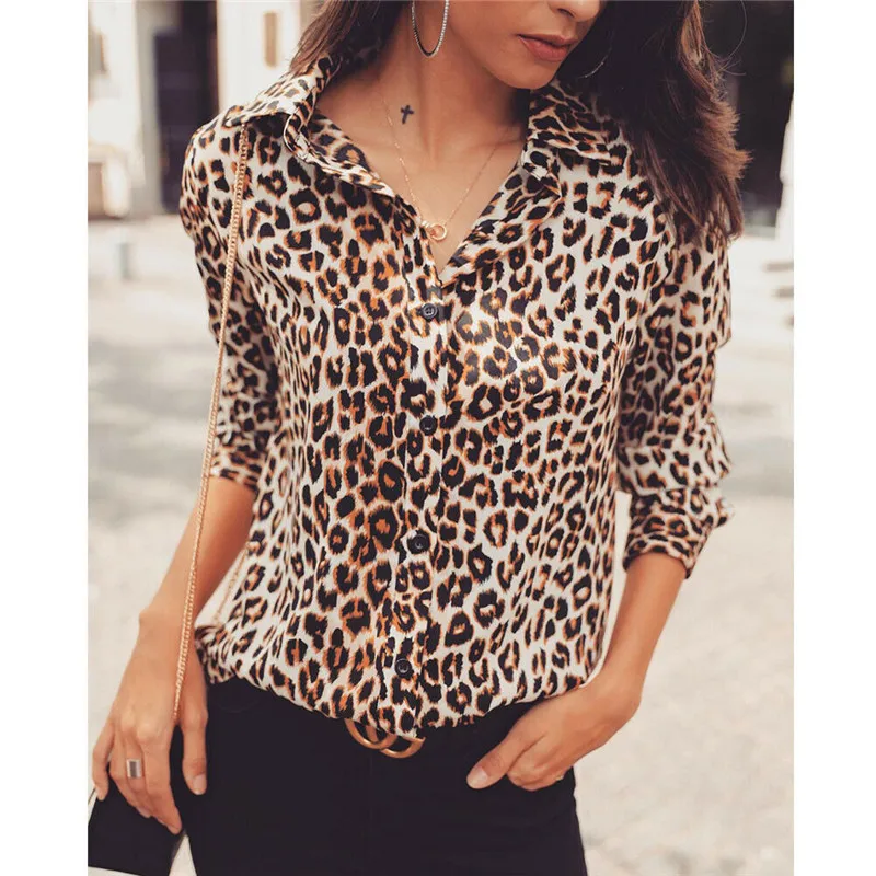 

Women Leopard Blouses Fashion Long Sleeve Turn Down Collar Office Shirt Chiffon Blouse Shirt Casual Plus Size Blusas Femininas