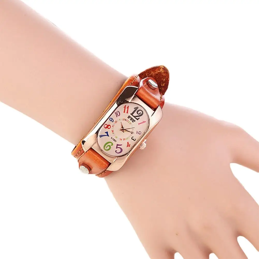 

Vintage Faux Leather Women Multi-color Time Scales Analog Quartz Wrist Watch Rectangle shape horloges vrouwen