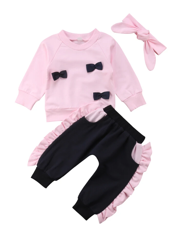 

New Lovely 3Pcs Newborn Kids Baby Girl Bowknot Tops Sweatshirt+Ruffle Pants+Headband Autumn Long Sleeves Clothes Outfits Set