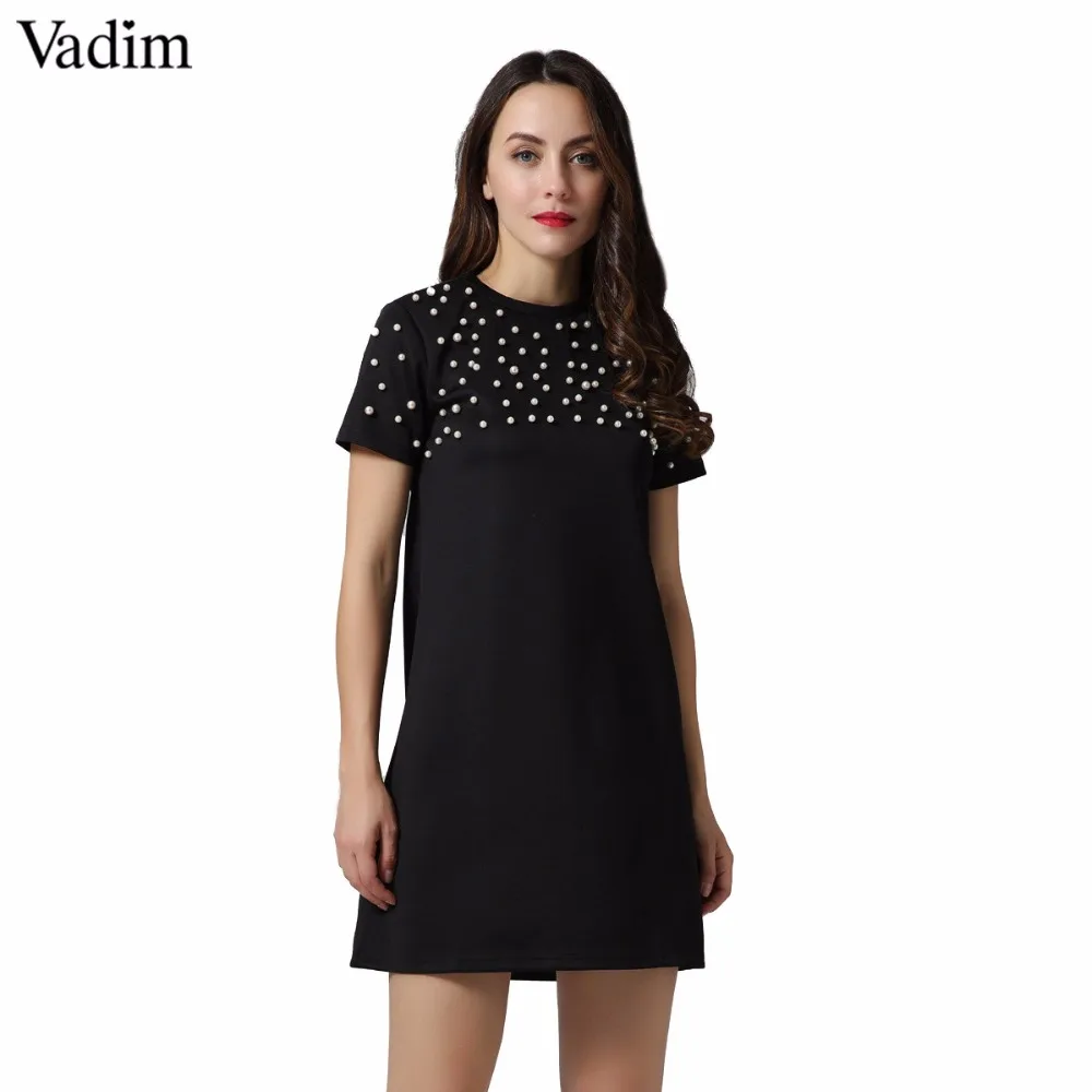 Женское элегантное платье vadim с бусинами, платье с коротким рукавом и круглым вырезом на молнии, черно-белое женское повседневное мини-платье, vestidos mujer QZ3276