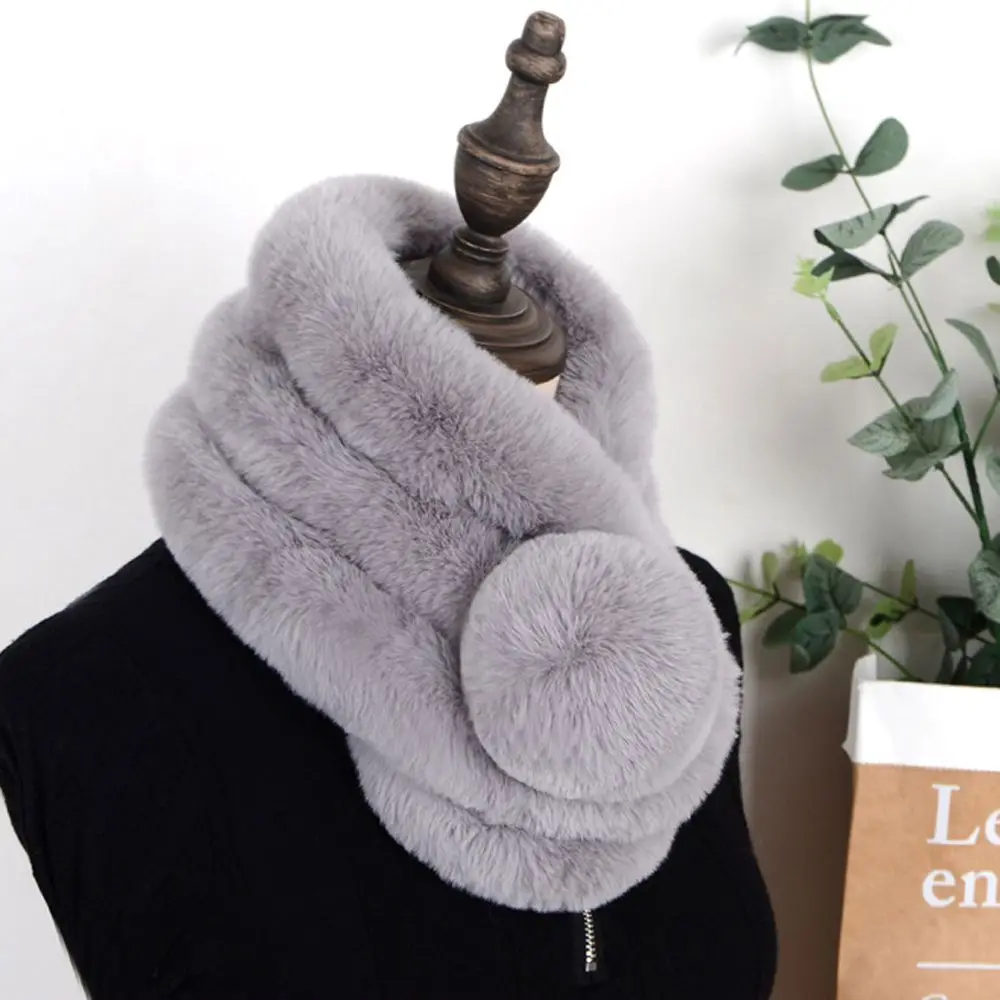 

Scarves Warm Winter Girls Big Ball Button Ladies Scarves Women Soft Thicken Scarf Faux Rabbit Plush Pompom Solid Color Neck Ring
