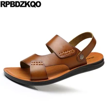 Повседневная обувь тапочки мужские сандалии кожаные летние открытые шлепанцы на плоской подошве известный бренд пляжные водонепроницаемые дизайнерские мягкие