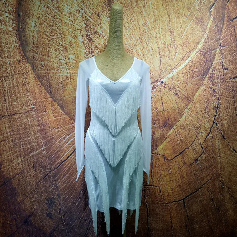New White Latin Dance Dress Performance Clothing Long Sleeve Flash