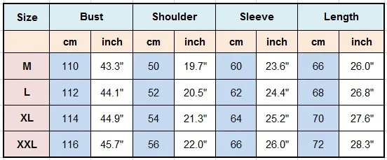 Long Sleeve Size Chart