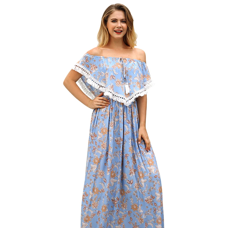 

Vintage Beach Bohemian Floor-Length Lady Sexy Slash Neck Tassel Princess Dress Fashion Temperament Cloak Sleeves Women Dresses