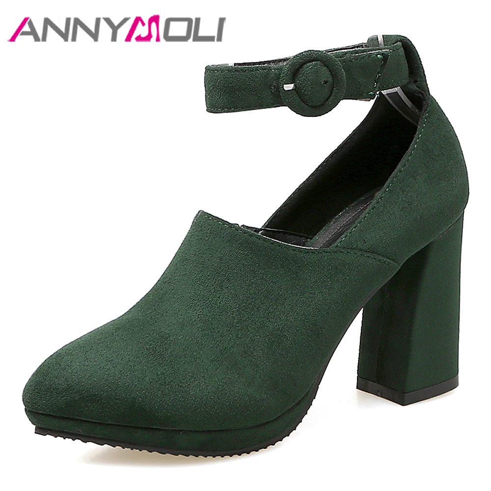 

ANNYMOLI Women Pumps High Heels Sexy Chunky High Heel Ankle Strap Shoes Pointed Toe Lady Party Shoes Spring Green Plus Size 4 43
