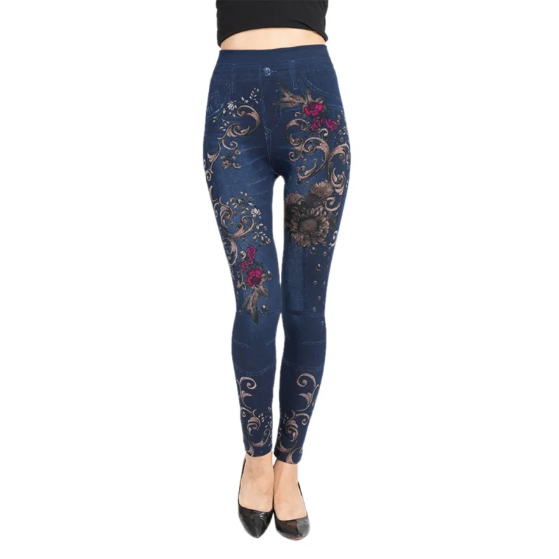 Women's Sexy Floral Jeans Jeggings High Waist Stretch Denim Print Leggings with Pocket