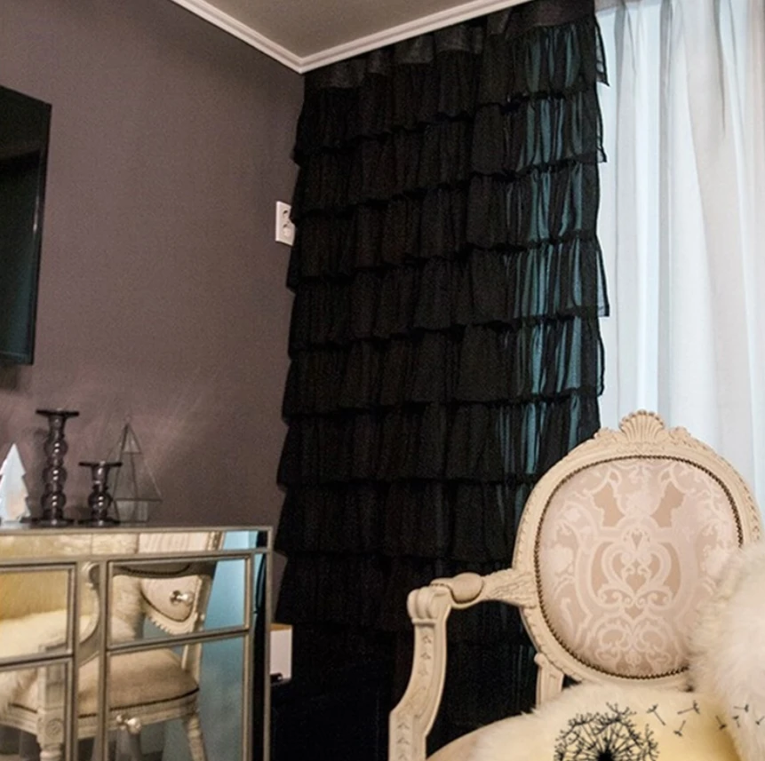 Modern Fashion Cupcake Layer Curtains Korean Black White Lace Sheer Curtain for Living Room Girls Room Romantic Ruffles Cortinas