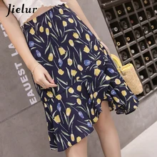 Jielur летние корейские элегантные асимметричные юбки с оборками женские тонкие юбки с принтом рыбий хвост пляжный с завышенной талией saia faldas Mujer Moda