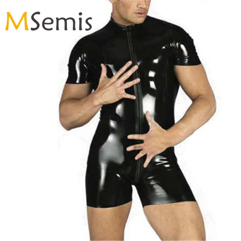 

Mens Lingerie Patent Leather Body Suit Thong Leotard Wetlook Wrestling Singlet Men Front Zipper Catsuit Pouch Leotard for Men