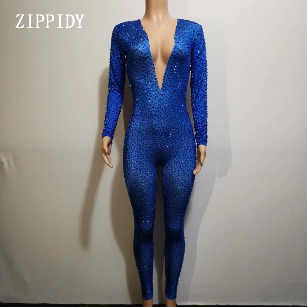 2019 Glisten Blue Rhinestones Bodysuit Women Prom Sexy Jumpsuit Costume Stage Wear dance Nightclub Singer Leggings Outfit | Тематическая