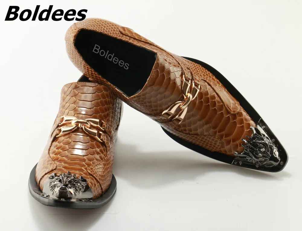 

Boldees British Style Iron Pointed Toe Male Party Dress Shoe Brown Buckle Oxford Men's Flats Snake Skin Leather Dress Shoes Men