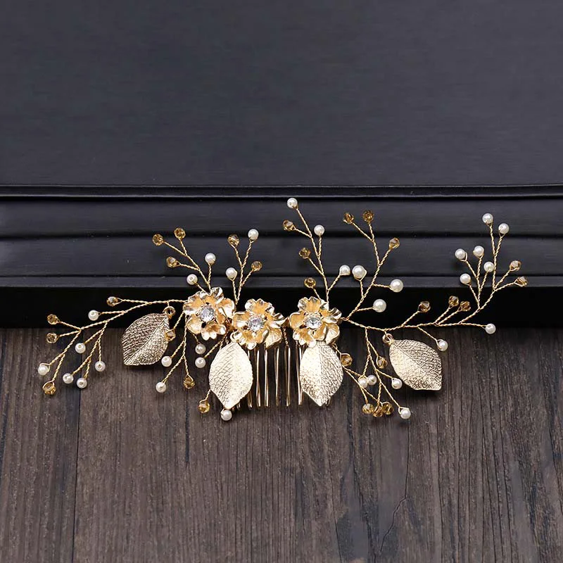 

Fashion Golden Leaves Hair Combs For Bride Wedding Head Jewelry Pearl Brides Headdress Accessories Comb for Hair Women Girl