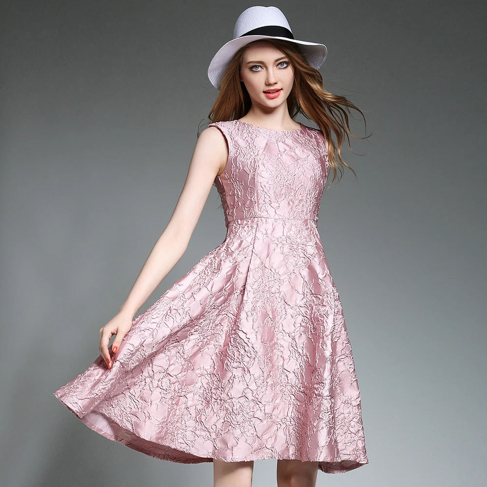 Pink Women Summer Tank Dresses Jacquard O Neck High Waist Vestidos