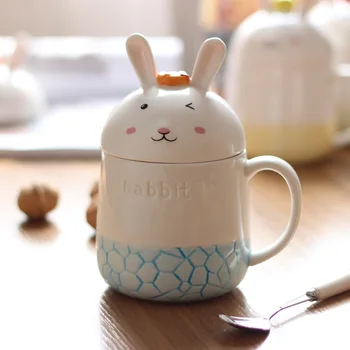 

Cute 3D Rabbit Style Ceramic Mugs with Lid Creative Moring Mug for Milk Coffee Tea Unique Porcelain Mugs 350ml SH306-118