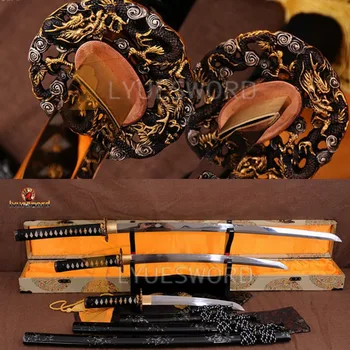 

Full Tang Hand Crafted Clay Tempered T10 Steel Blade Japanese Samurai Sword Katana + Wakizashi + Tanto Set Razor Sharp Dragon