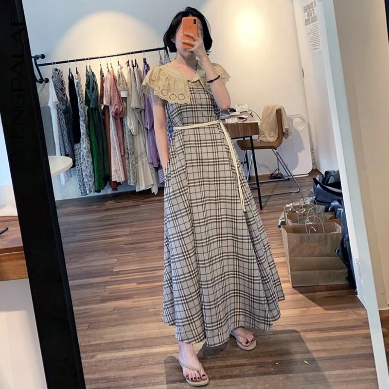 

SHENGPALAE 2019 Chic Korean Style Split Joint Lace Turn-down Collar Short Sleeve Plaid New Summer Spring Dress Woman FN611