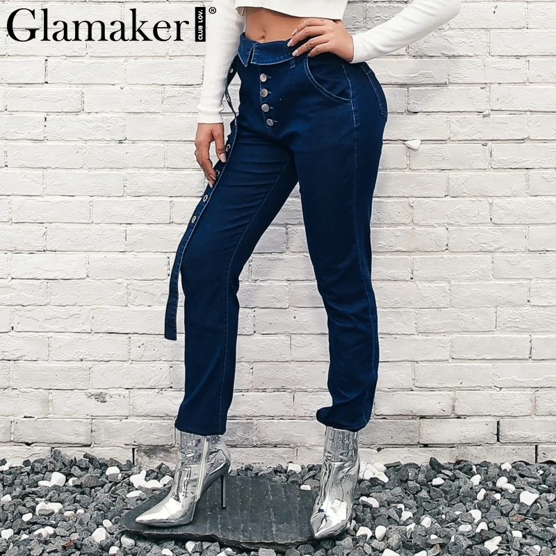 Glamaker Button denim sashes plus size jeans Women casual pants Sexy slim skinny jeans high waist trousers streetwear bottom new