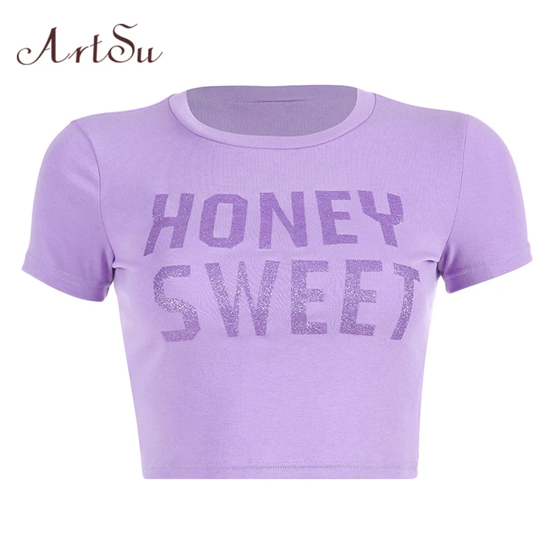 

ArtSu Honey Sweet Letter Print Purple Top Summer Short Sleeve Crop Top T shirt Woman Shirts Casual Ladies Tshirt Cute ASTS20754