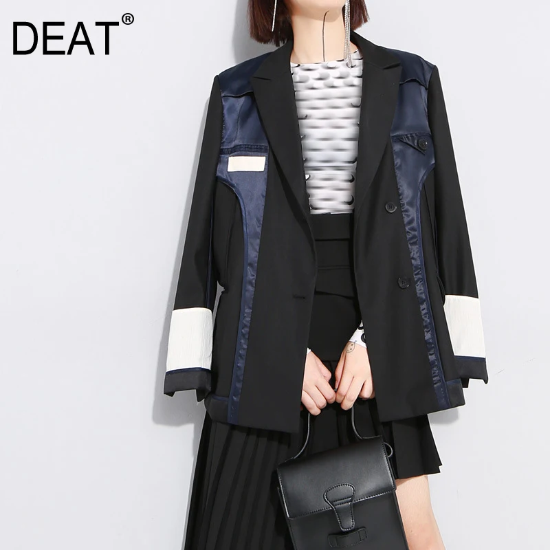 

[DEAT] 2019 New Autumn Winter Lapel Long Sleeve Hit Color Split Joint Loose Personality Jacket Women Coat Fashion Tide JU17