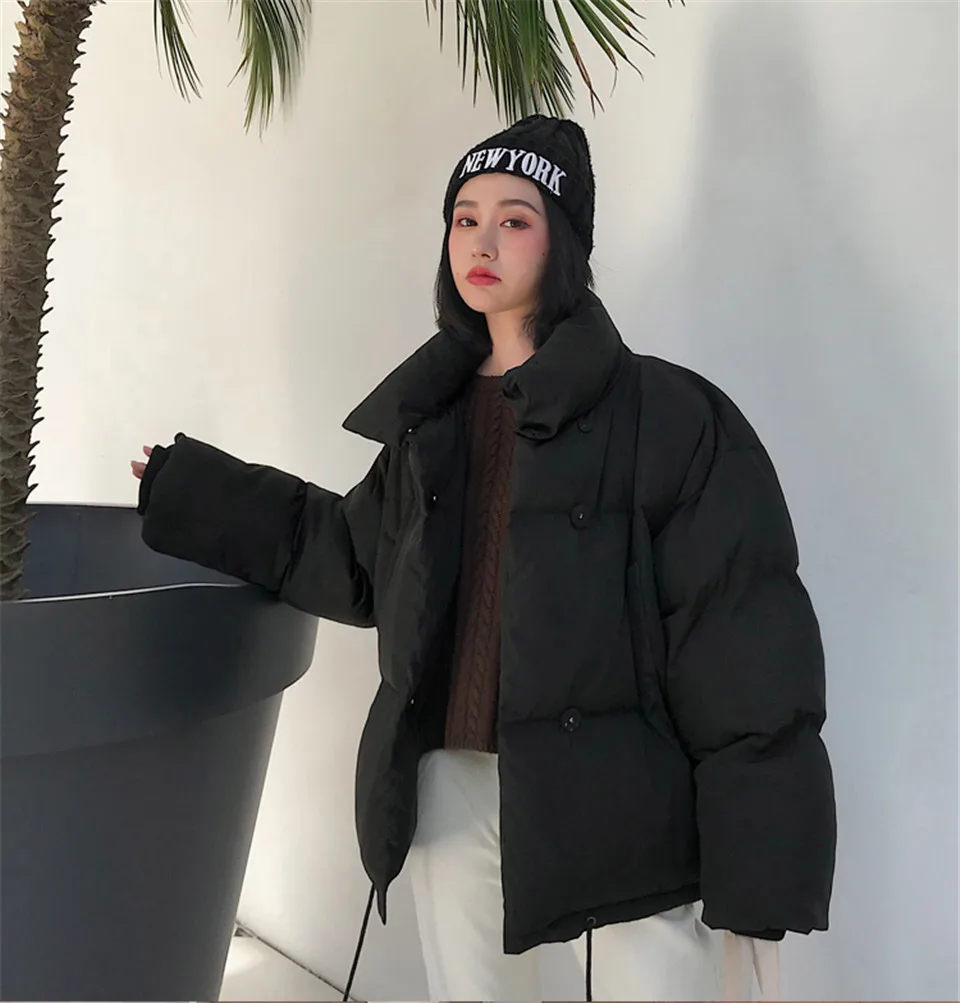 Однотонный карман, новинка 2019, хлопковая свободная теплая длинная куртка-парка, зимнее Стеганое пальто, Женское зимнее пальто, Корейская
