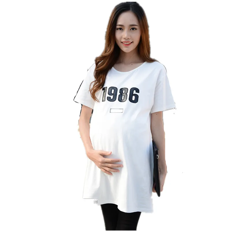 Белые Забавные топы для беременных с принтом цифр, футболки для беременных, летняя Свободная Женская одежда для девочек, хлопковые длинные футболки, платье с Микки - Цвет: Белый