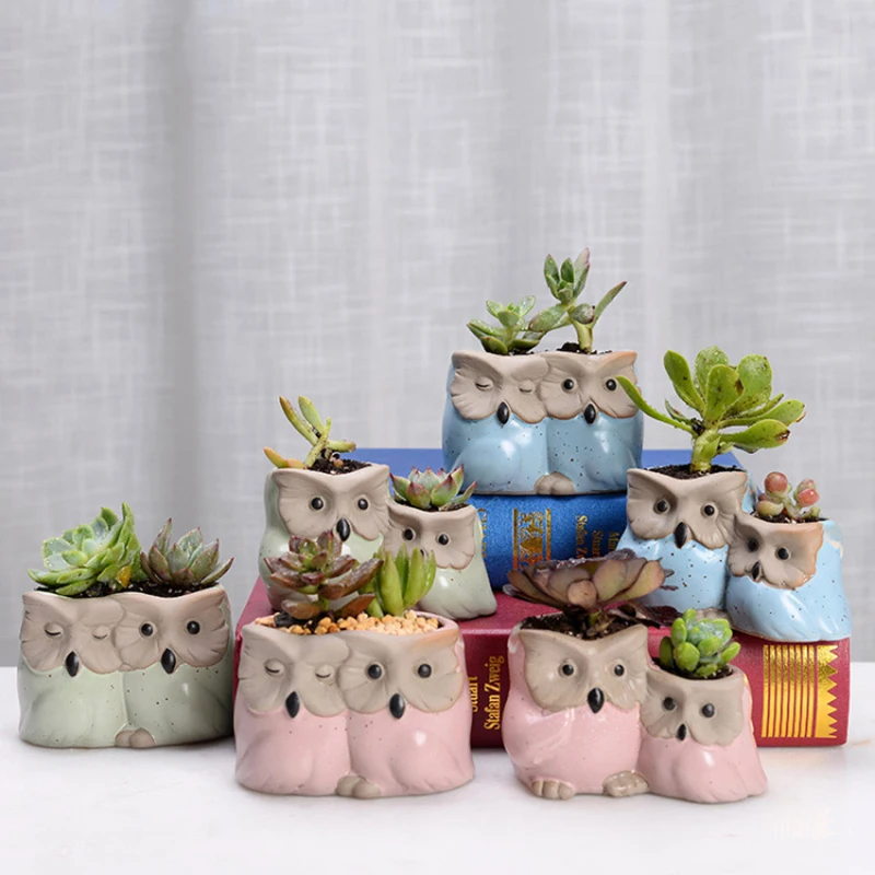 

Creative Ceramic double Owl Shape Flower Pots 2019 New Ceramic Planter Desk Flower Pot Cute Design Succulent Planter Pot