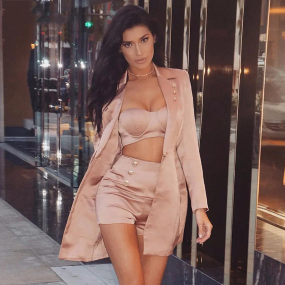 

Seamyla 2019 New Women Sets Pink Crop Tops&Shorts&Coat 3 Three Pieces Set Sexy Celebrity Party Suits Fashion Clubwear Outfits