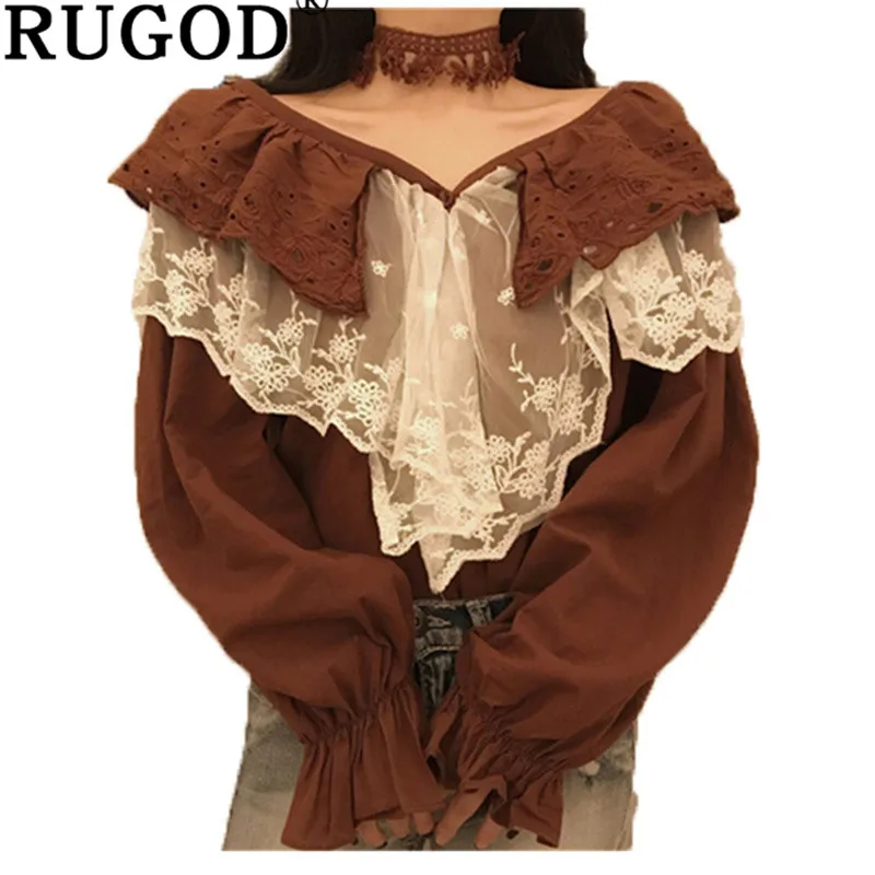 

RUGOD Sexy Off shoulder Lace blouse women Fashion Ruffles Holllow patchwork Flare sleeve shirts female Spring Lady Blouses