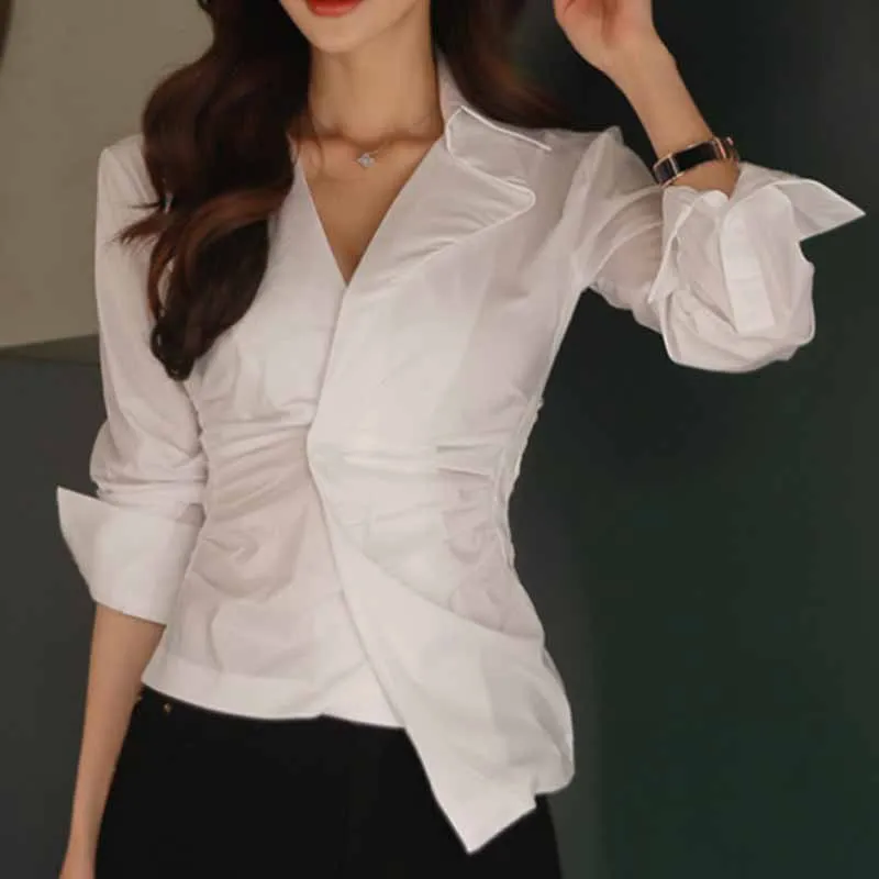 

Spring Autumn Shirts Slim Women's Irregular Personality Slim Waist Blouse V Neck Long Sleeve Elegant White Tops D988