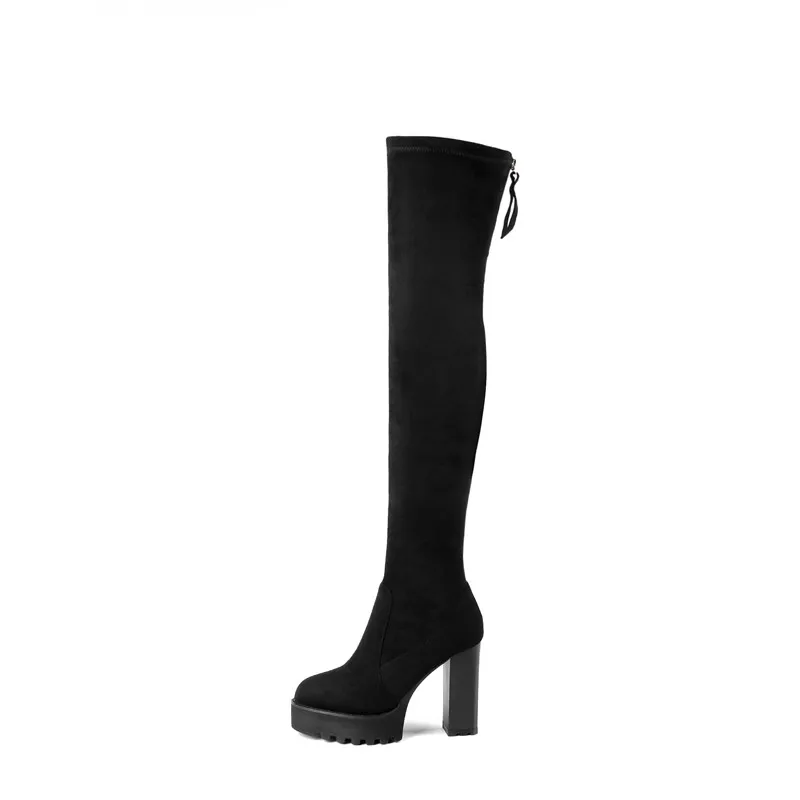Smirnova/ горячая распродажа; теплые зимние сапоги до бедра на квадратном каблуке; женские сапоги из флока на платформе; классические черные сапоги выше колена