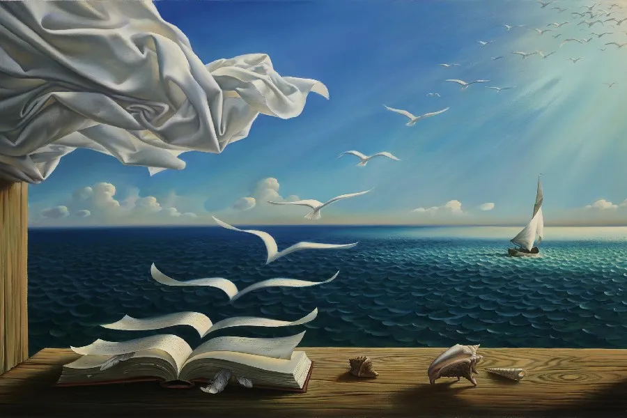 digital fantasy art nature painting sunlight books birds