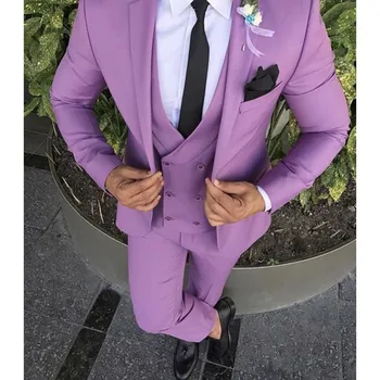 

High Quality Purple Men Suit 3Pieces(Jacket+Pant+Vest+Tie) Fashion For Wedding Prom Masculino Groom Trajes De Hombre Blazer