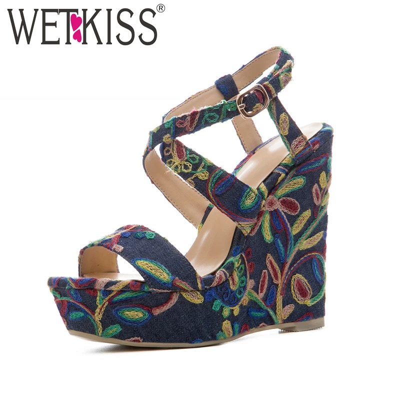 

WETKISS Denim High Heels Platform Sandals Women Wedges Cross Strap Open Toe Embroider Footwear Summer Platform Ladies Shoes