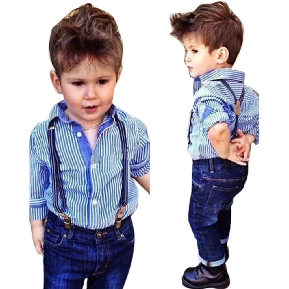 toddler boys clothing Striped Collared Shirt Tops Bib+Straps Jeans