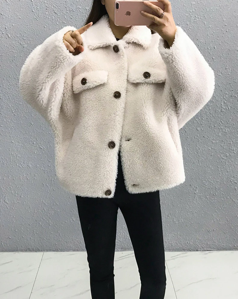Shearling Jacket Women Fur Coat Faux Suede Lining Warm Long Sleeve Fur Jacket Single Breasted rf1908